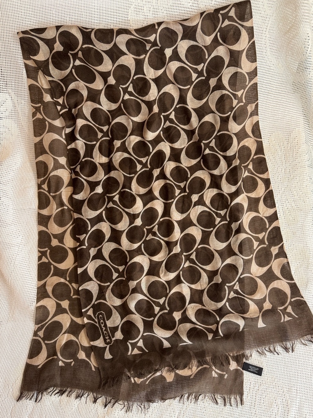Coach Vintage Signature Monogram Scarf.Brown and Tan.Cashmere/Silk 18”x 64”